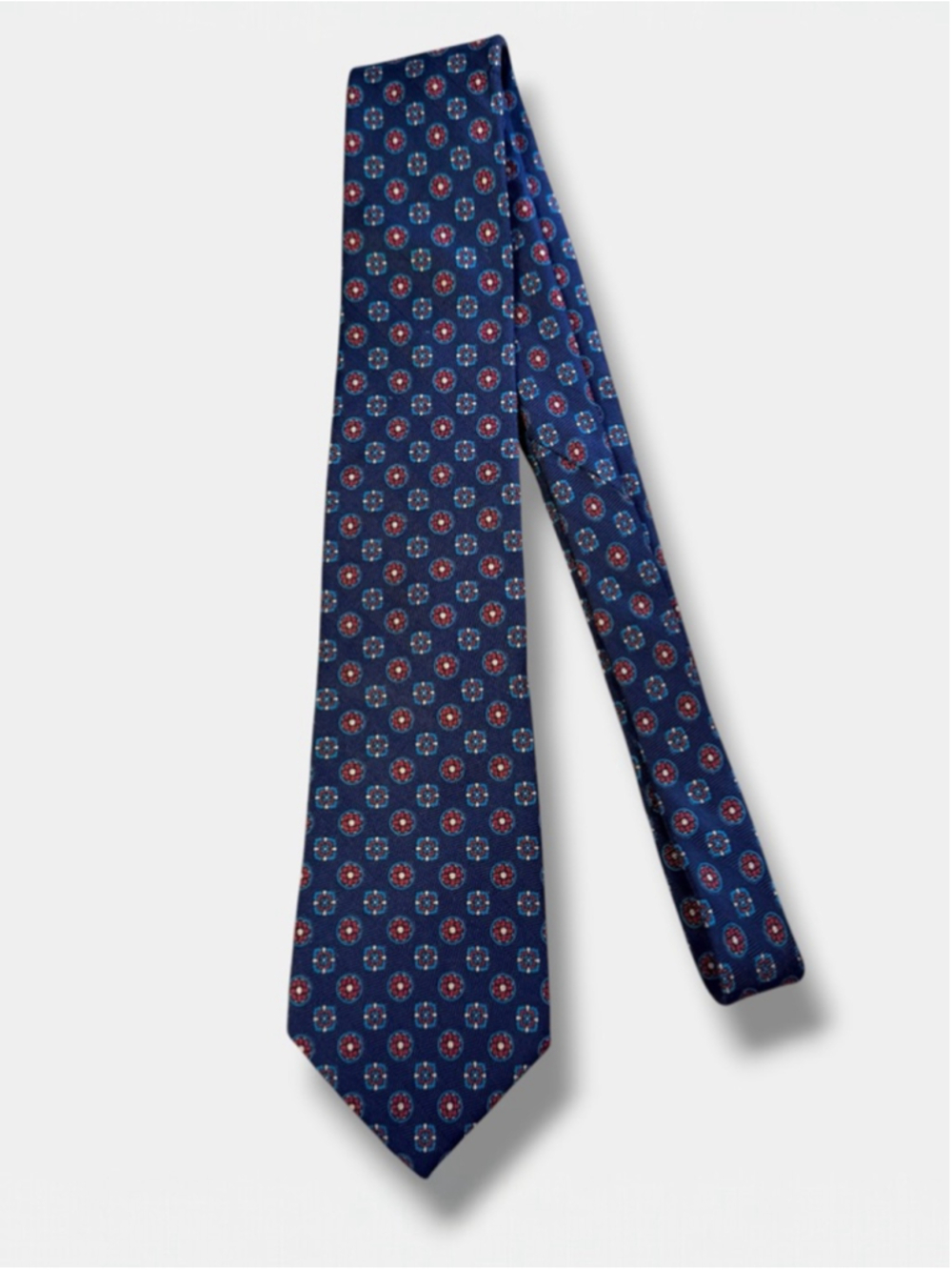 Vintage Blue Geometric Medallion Silk Necktie Savile Row USA Wide Tie Retro